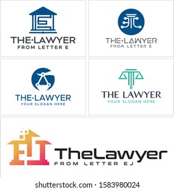 The lawyer logo with letter E a describe a building tech law pillar and scale balance vector suitable for technology justice law court firm