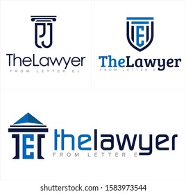 The lawyer logo with letter EJ law pillar and letter E which describes the building line art vector suitable for technology justice law court firm