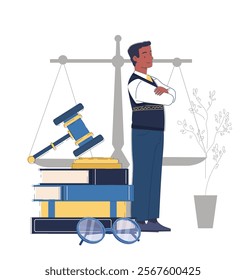 Lawyer man concept. Young guy near scales, judges gavel and stack of books. Justice and jurisprudence. Legal support of deals. Lawyer and notary. Linear vector illustration