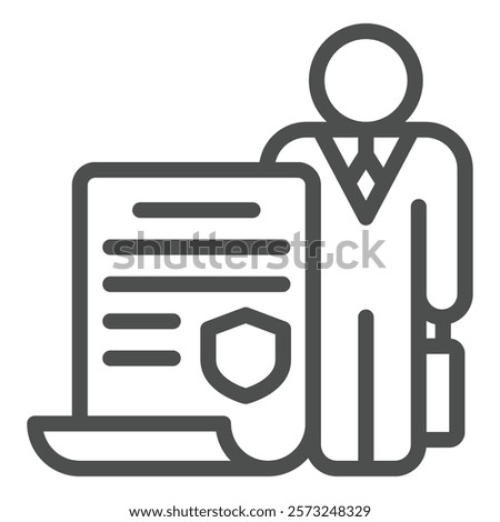 Lawyer man with contract paper line icon, jurisprudence concept. Vector graphics. Family lawyer with document sign on white background, outline style icon for mobile or web design