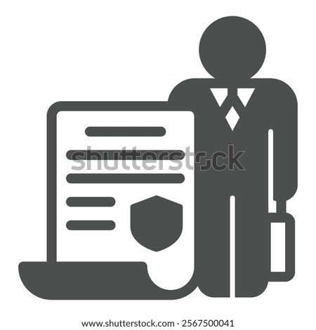 Lawyer man with contract paper solid icon, jurisprudence concept. Vector graphics. Family lawyer with document sign on white background, glyph style icon for mobile or web design
