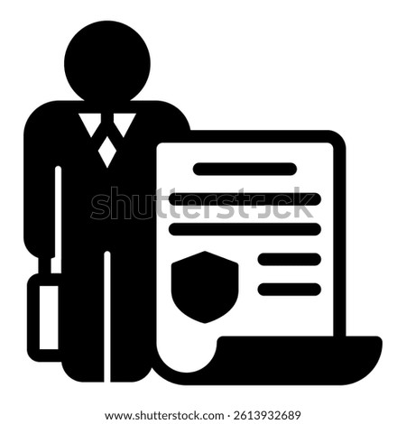 Lawyer man with contract paper solid icon, jurisprudence concept. Vector graphics. Family lawyer with document sign on white background, glyph style mobile or design