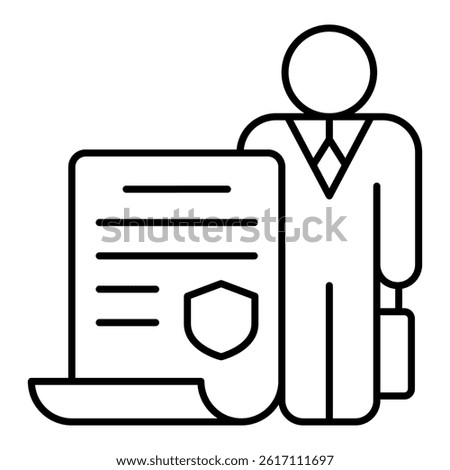 Lawyer man with contract paper thin line icon, jurisprudence concept. Vector graphics. Family lawyer with document sign on white background, linear style for mobile or design