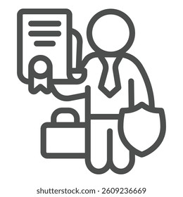 Lawyer man with document and briefcase line icon, family lawyer concept. Vector graphics. Man with trust contract paper sign on white background, outline style icon for mobile or web design