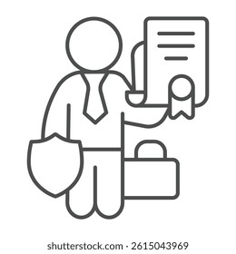 Lawyer man with document and briefcase thin line icon, family lawyer concept. Vector graphics. Man with trust contract paper sign on white background, outline style icon for mobile or web design