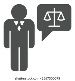 Lawyer man with legal issues bubble solid icon, family lawyer concept. Vector graphics. Human with weight scales dialog sign on white background, glyph style icon for mobile or web design