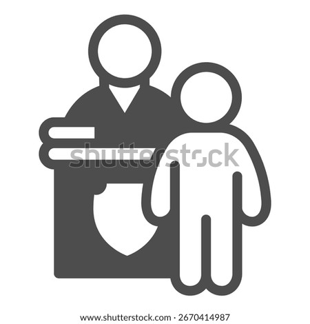 Lawyer man and pedestal with judge solid icon, jurisprudence concept. Vector graphics. Judge and lawyer with court emblem sign on white background, glyph style icon of mobile or web design