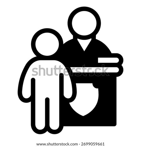 Lawyer man and pedestal with judge solid icon, jurisprudence concept. Vector graphics. Judge and lawyer with court emblem sign on white background, glyph style icon of mobile or web design