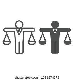 Lawyer man with scales line and solid icon, jurisprudence concept. Vector graphics. Human in form of weight scales sign on white background, outline style icon for mobile or web design