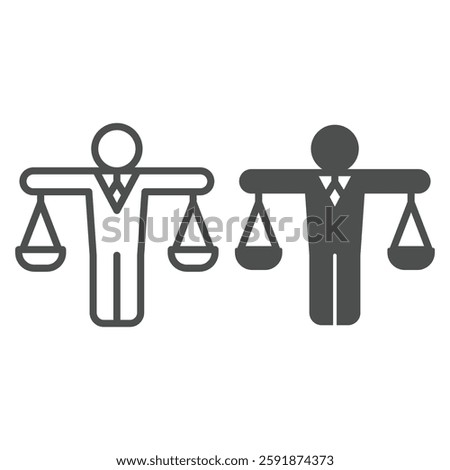 Lawyer man with scales line and solid icon, jurisprudence concept. Vector graphics. Human in form of weight scales sign on white background, outline style icon for mobile or web design
