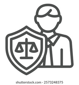 Lawyer man with scales on safety emblem line icon, family lawyer concept. Vector graphics. Justice shield and human sign on white background, outline style icon for mobile or web design