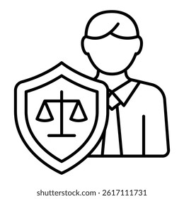 Lawyer man with scales on safety emblem thin line icon, family lawyer concept. Vector graphics. Justice shield and human sign on white background, linear style for mobile or design