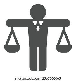 Lawyer man with scales solid icon, jurisprudence concept. Vector graphics. Human in form of weight scales sign on white background, glyph style icon for mobile or web design