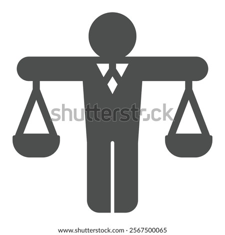 Lawyer man with scales solid icon, jurisprudence concept. Vector graphics. Human in form of weight scales sign on white background, glyph style icon for mobile or web design