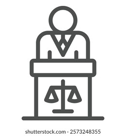 Lawyer man speech at tribune line icon, jurisprudence concept. Vector graphics. Man and tribune with libra scales sign on white background, outline style icon for mobile or web design