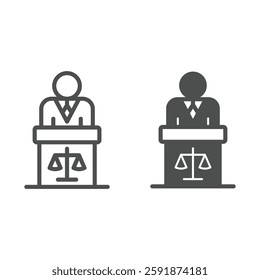 Lawyer man speech at tribune line and solid icon, jurisprudence concept. Vector graphics. Man and tribune with libra scales sign on white background, outline style icon for mobile or web design