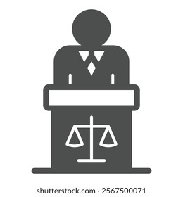 Lawyer man speech at tribune solid icon, jurisprudence concept. Vector graphics. Man and tribune with libra scales sign on white background, glyph style icon for mobile or web design