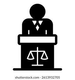 Lawyer man speech at tribune solid icon, jurisprudence concept. Vector graphics. Man and tribune with libra scales sign on white background, glyph style mobile or design