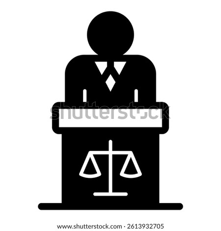 Lawyer man speech at tribune solid icon, jurisprudence concept. Vector graphics. Man and tribune with libra scales sign on white background, glyph style mobile or design