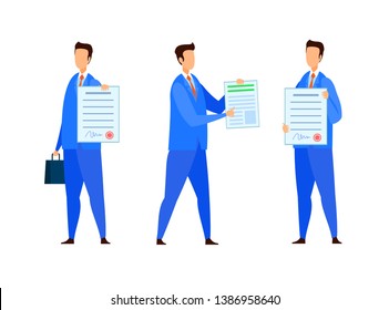 Lawyer, Notary Assistant Vector Characters Set. Young Advocate Holding Signed Business Agreement. Financial Consultant With Contract. Document Legal Inspection. Man Showing Certificate