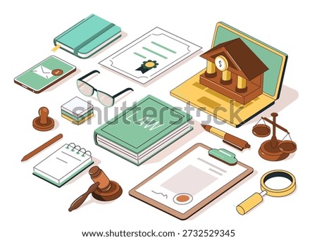 Lawyer office table stuff such as legal documents, signed contract, books, other judicial system infographic elements. Law and justice vector isometric illustration.