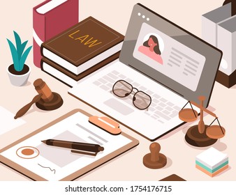 Lawyer Office Workplace with Laptop, Signed Legal Contract, Judge Gavel, Scales of Justice and Legal Books. Online Legal Advice. Law and Justice Concept. Flat Isometric Vector Illustration. svg