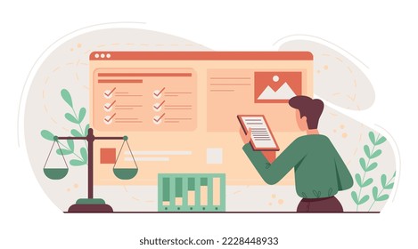 Lawyer online concept. Young guy with documents evaluates webpage for plagiarism. Protection of rights and legal support, court. Poster or banner for website. Cartoon flat vector illustration