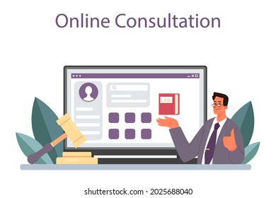 Lawyer Online Service Or Platform. Law Advisor, Advocate Defending A Customer At The Trial. Punishment And Judgement. Online Consultation. Vector Flat Illustration