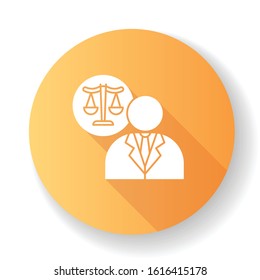 Lawyer Orange Flat Design Long Shadow Glyph Icon. Attorney. Advocate. Legal Representative. Courthouse. Legislature, Law Enforcement. Justice. Legal Assistance. Silhouette RGB Color Illustration