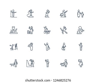 Lawyer, Pediatrician, Waiter, Miner, Physician Assistant, Baby sitter, Cricket player, Manager, Painter, Builder, Detective outline vector icons from 20 set