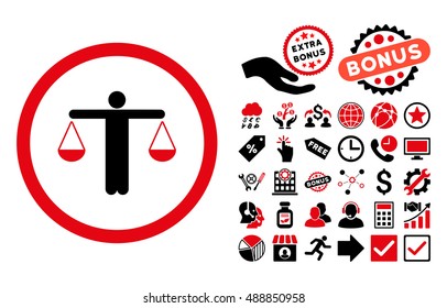 Lawyer pictograph with bonus design elements. Vector illustration style is flat iconic bicolor symbols, intensive red and black colors, white background.