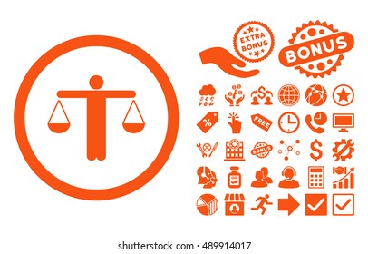 Lawyer pictograph with bonus pictogram. Vector illustration style is flat iconic symbols, orange color, white background.