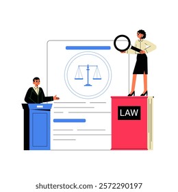 Lawyer Presenting Case With Female Analyst Examining Law Book In Flat Vector Illustration Symbolizing Legal Analysis, Courtroom Advocacy, And Justice, Isolated On White Background.