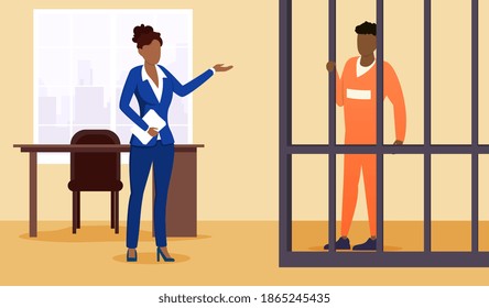 Lawyer And Prisoner In Court. Cartoon Suspect, Convicted Person In Cage. Advocate, Barrister Protecting Client In Courtroom. Prosecutor Presenting Evidence, Proofs Document. Vector Illustration