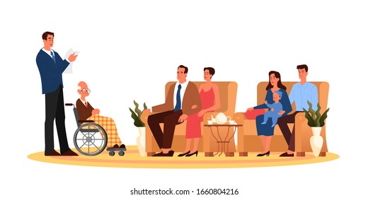 Lawyer reading an old man's testament to the family. Retirement estate planning, property transfering, financial advisor and lawyer services concept. Isolated vector illustration