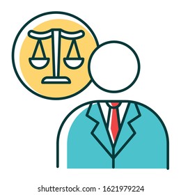 Lawyer RGB color icon. Attorney. Advocate. Legal representative. Trial. Courthouse. Legislature, law enforcement. Justice. Legal assistance. Isolated vector illustration