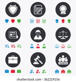 Lawyer, scales of justice icons. Clients, auction hammer and law judge symbols. Newspaper, award and agreement document signs. Flat circle buttons with icons.