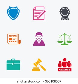 Lawyer, scales of justice icons. Clients, auction hammer and law judge symbols. Newspaper, award and agreement document signs. Flat colored graphic icons.