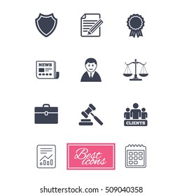 Lawyer, scales of justice icons. Clients, auction hammer and law judge symbols. Newspaper, award and agreement document signs. Report document, calendar icons. Vector