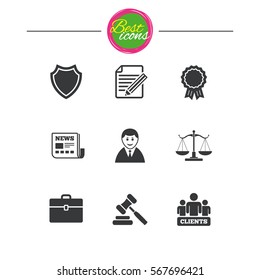 Lawyer, scales of justice icons. Clients, auction hammer and law judge symbols. Newspaper, award and agreement document signs. Classic simple flat icons. Vector