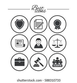 Lawyer, scales of justice icons. Clients, auction hammer and law judge symbols. Newspaper, award and agreement document signs. Classic simple flat icons. Vector