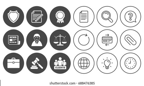 Lawyer, scales of justice icons. Clients, auction hammer and law judge symbols. Newspaper, award and agreement document signs. Document, Globe and Clock line signs. Vector