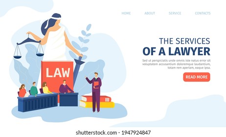 Página web del servicio de abogados, ilustración vectorial. Derecho mercantil para el banner de aterrizaje de personajes de la oficina, trabajo de la empresa con el cliente.