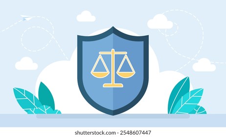 Serviços de advogados. Grande escudo protetor com ícone de escala. Conceito de direito e justiça. Aconselhamento jurídico. Criação do Tribunal de Justiça. Jurisprudência Emblema de equilíbrio jurídico. Escala de justiça. Ilustração vetorial