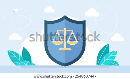 Lawyer services. Big protective shield with scale icon. Law and justice concept. Legal advice. Court of justice building. Jurisprudence. Legal balance emblem. Scale of justice. Vector illustration