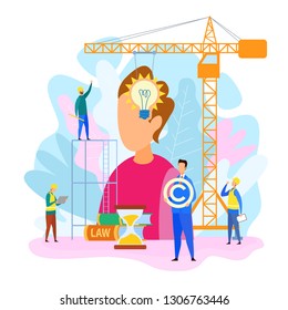 Lawyer Services Concept. Law Protection. Intellectual Property Rights. Law Books. Sand Watch. Construction Worker Holding Copyright Symbol. Construction Crane. Idea Lamp in Mans Head. Vector EPS 10.