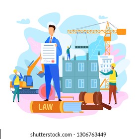 Lawyer Services at Construction Concept. Agent Work. Man Holding Court Decision, Legal Protection. Law Book and Gavel, Legislation. Building Contract. Image on White Background. Vector EPS 10. svg