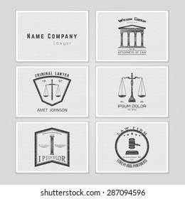 Lawyer services. The judge, the district attorney, the lawyer set of vintage labels. Scales of Justice. Typographic labels, stickers, logos and badges. Flat vector illustration