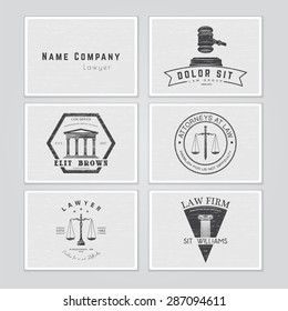Lawyer services. The judge, the district attorney, the lawyer set of vintage labels. Scales of Justice. Typographic labels, stickers, logos and badges. Flat vector illustration