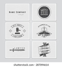 Lawyer services. The judge, the district attorney, the lawyer set of vintage labels. Scales of Justice. Typographic labels, stickers, logos and badges. Flat vector illustration